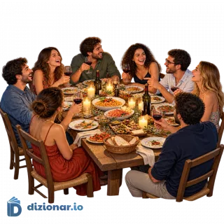 Cena tra amici all'aperto, di sera