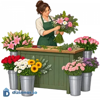 Fiorista che compone un mazzo di fiori