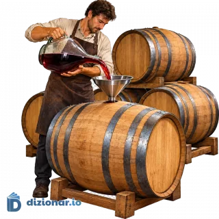 Operaio che riempie un barile di legno in cantina